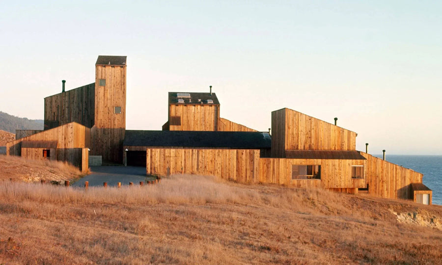 Timber buildings at The Sea Ranch on the Sonoma coast at dusk
